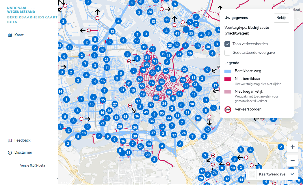 Kaartscherm van de Bereikbaarheidskaart met gekleurde wegvakken, verkeersbordpictogrammen en het controlepaneel