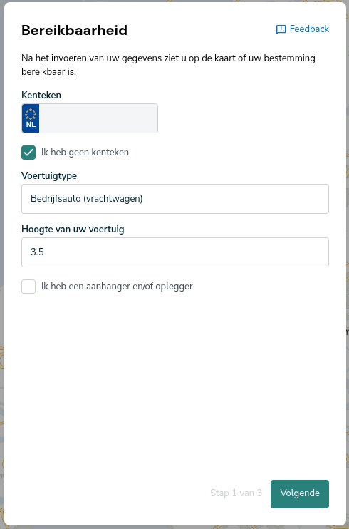 Invoerscherm stap 1 met velden voor kenteken, voertuigtype, hoogte en aanhanger
