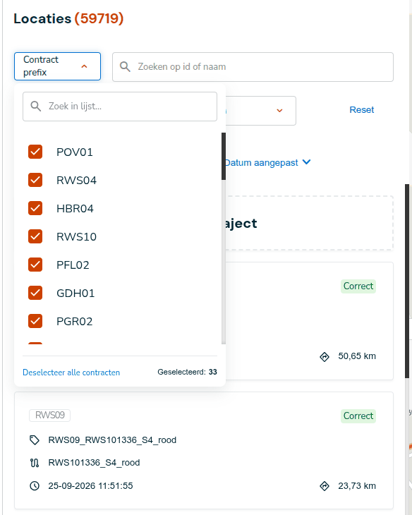 Geopende keuzelijst Contract prefix met aangevinkte contracten en onderin de teller Geselecteerd: 33
