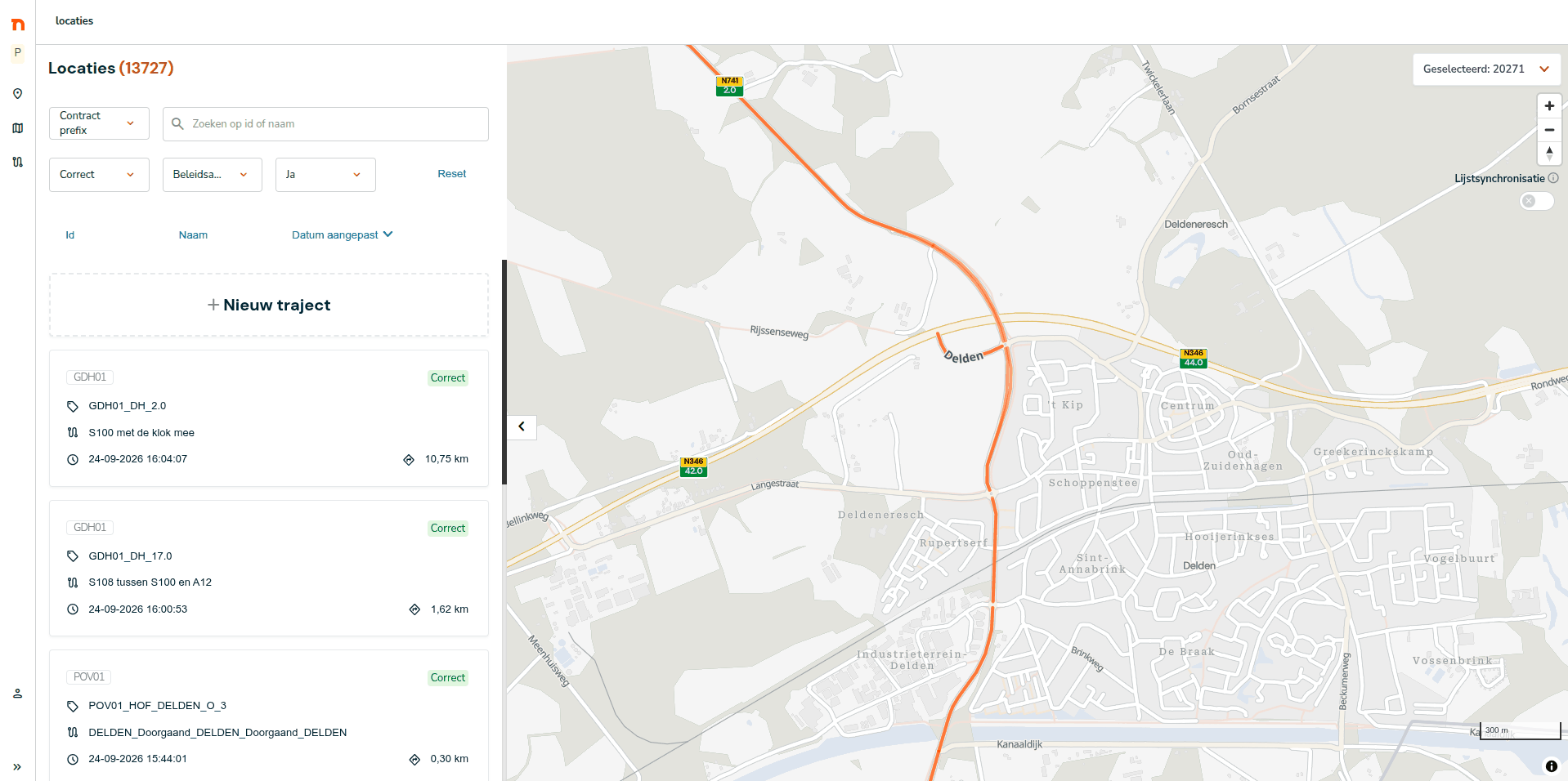 Hoofdscherm van Milo met links de lijst met trajectkaartjes en filters, rechts de kaart met een oranje traject door Delden