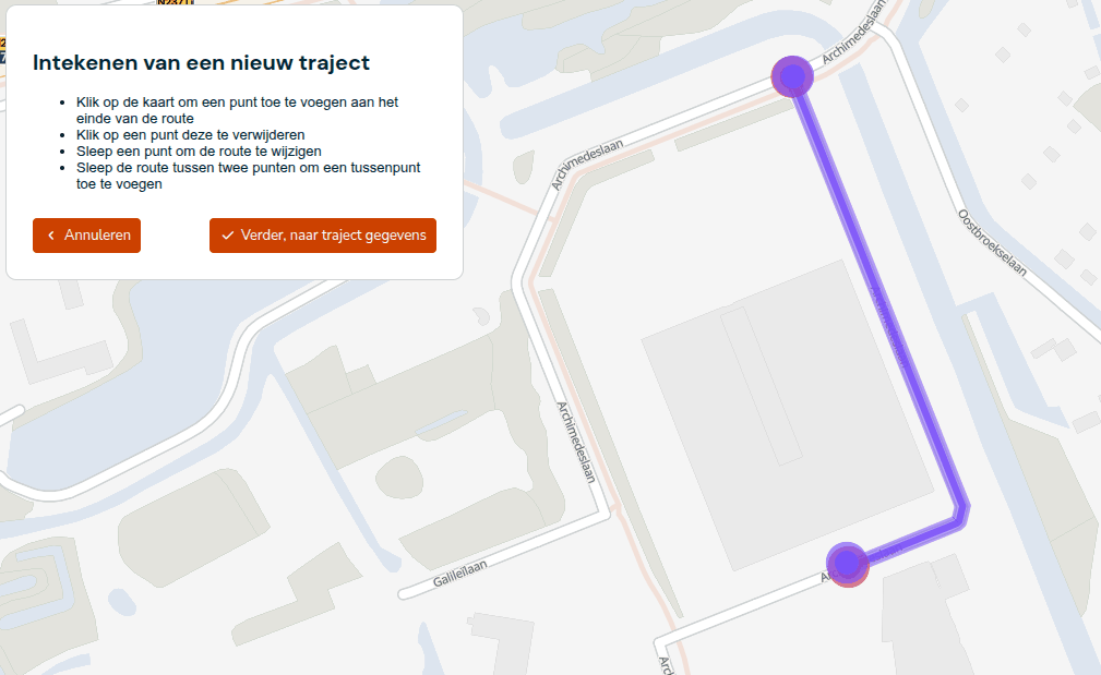 Paneel Intekenen van een nieuw traject met de tekeninstructies, naast een paarse route met twee routepunten