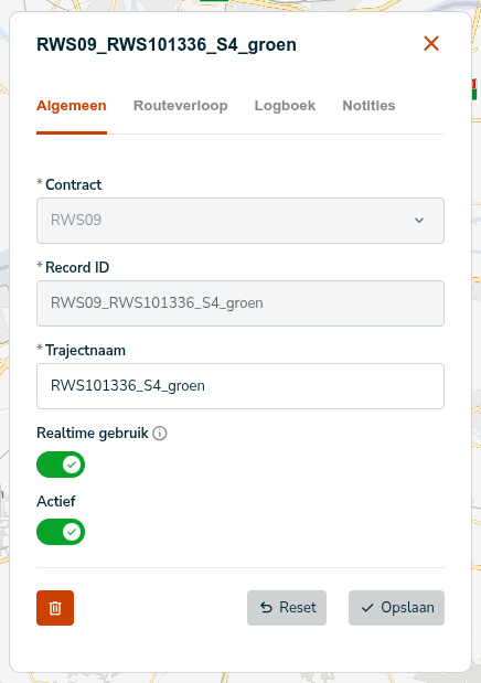 Tabblad Algemeen met de grijze velden Contract en Record ID, het veld Trajectnaam en de schakelaars Realtime gebruik en Actief
