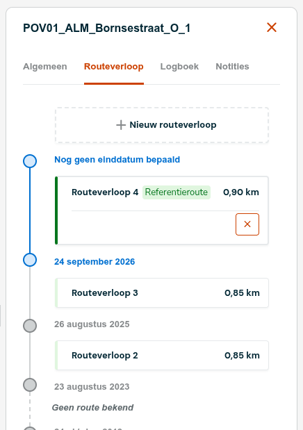 Tabblad Routeverloop met een verticale tijdlijn van routeverlopen, bovenaan de tegel Nieuw routeverloop