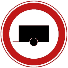 Rond bord met rode rand en een zwarte aanhangwagen