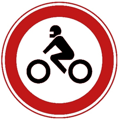 Rond bord met rode rand en een motorrijder op een motorfiets
