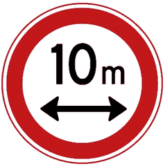 Rond bord met rode rand, de tekst 10 m en een horizontale dubbele pijl