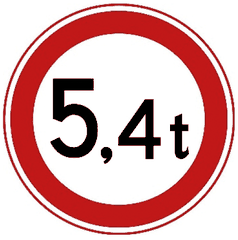 Rond bord met rode rand en de tekst 5,4 t