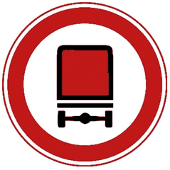 Rond bord met rode rand en een tankwagen met een rood vlak