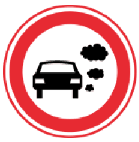 Rond bord met rode rand en een personenauto met uitlaatgaswolken