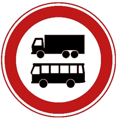 Rond bord met rode rand met daarop een vrachtauto boven een autobus