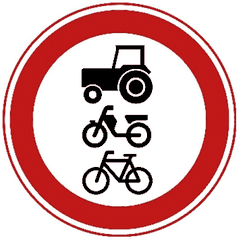 Rond bord met rode rand met daarop een landbouwtrekker, een bromfiets en een fiets