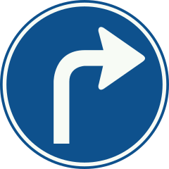 Rond blauw bord met een witte pijl die naar rechts afbuigt