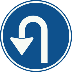 Rond blauw bord met een witte pijl die omhoog gaat, terugbuigt en naar beneden wijst