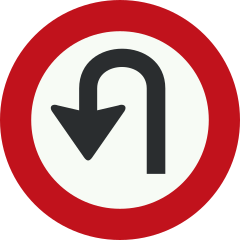 Rond bord met rode rand en een zwarte pijl die omhoog gaat, terugbuigt en naar beneden wijst